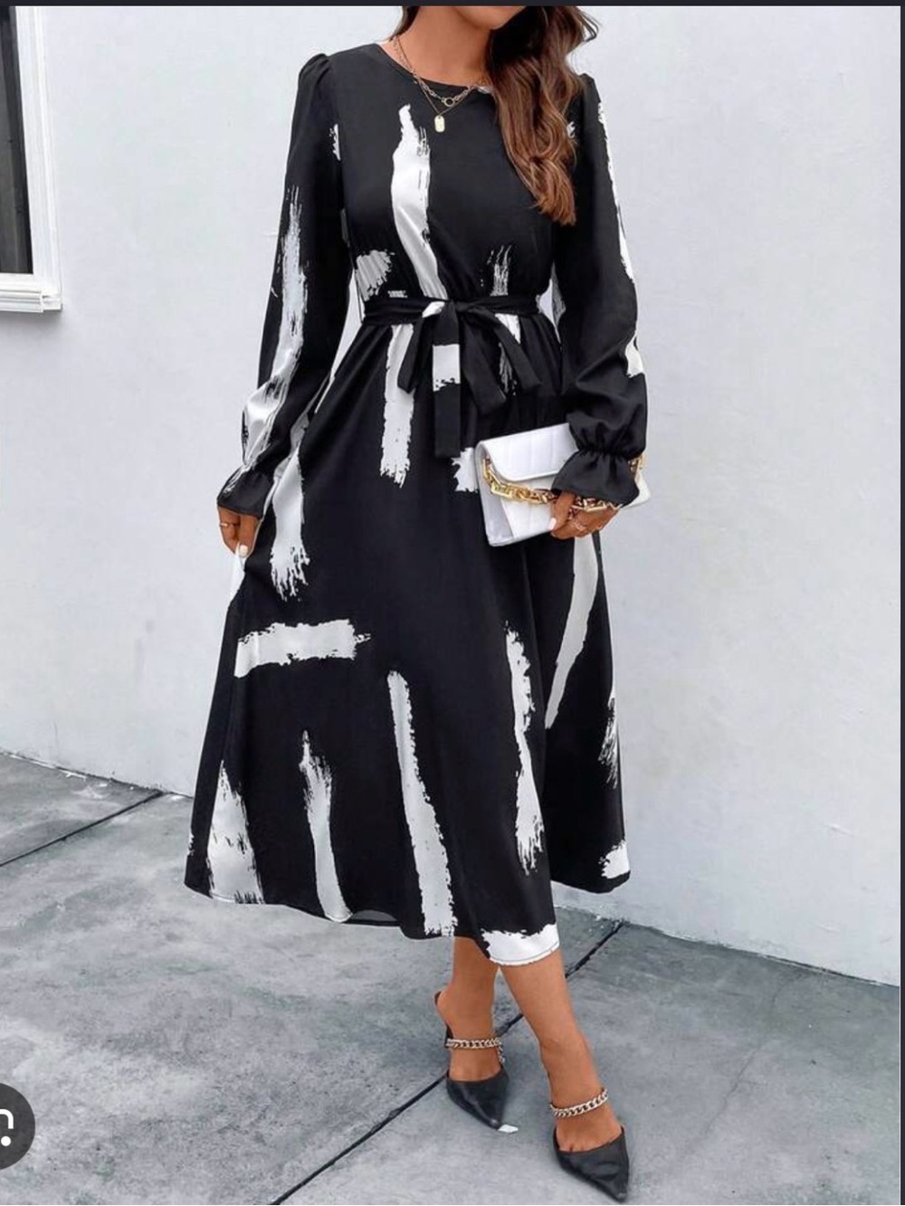 Black & White Brushstroke Long-Sleeve Midi Dress with Waist Tie